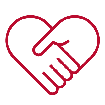 Red and white icon of a handshake